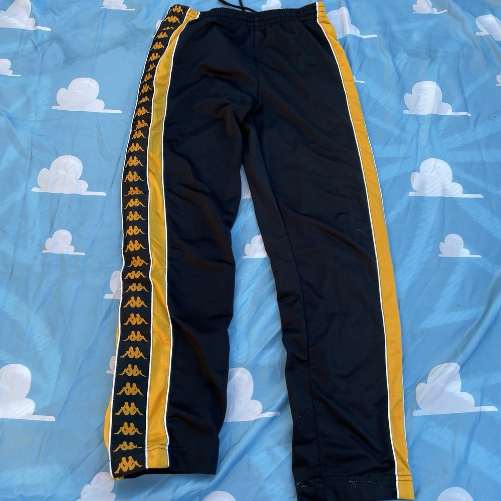 Kappa Track Pants Mens Small Black Gold Joggers Y2K Baggy Hip Hop Striped Logo